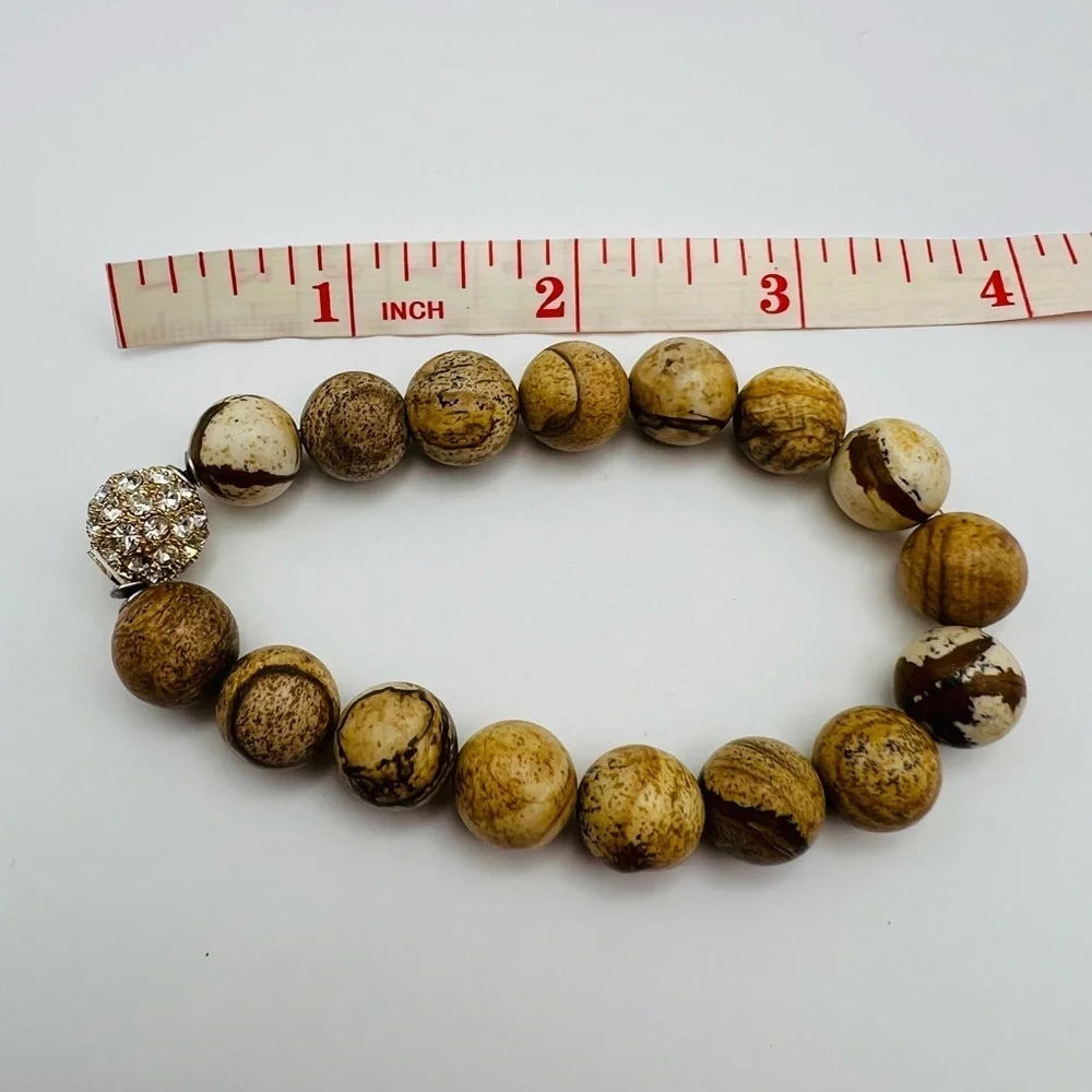 Brown Stretch Bracelet w/ Rhinestone Bead Boho Natural Stone